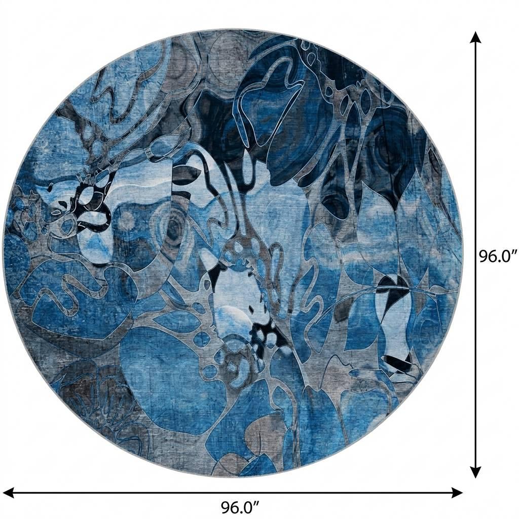 8' Blue And Navy Blue Floral Shag Washable Round Rug With UV Protection - HomeRoots - Flyclothing LLC