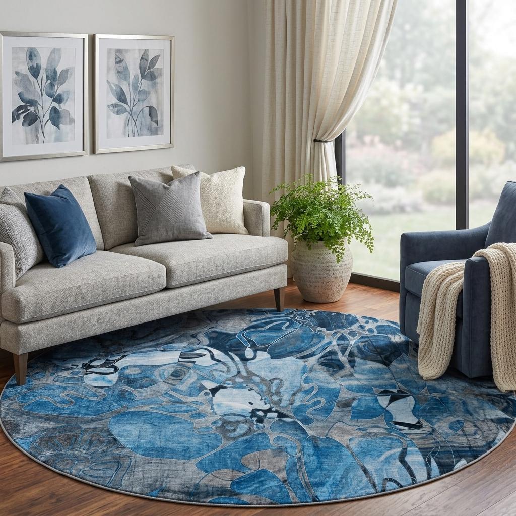 8' Blue And Navy Blue Floral Shag Washable Round Rug With UV Protection - HomeRoots - Flyclothing LLC