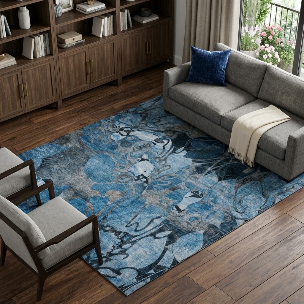 9' X 12' Blue And Navy Blue Floral Shag Washable Area Rug With UV Protection - HomeRoots - Flyclothing LLC