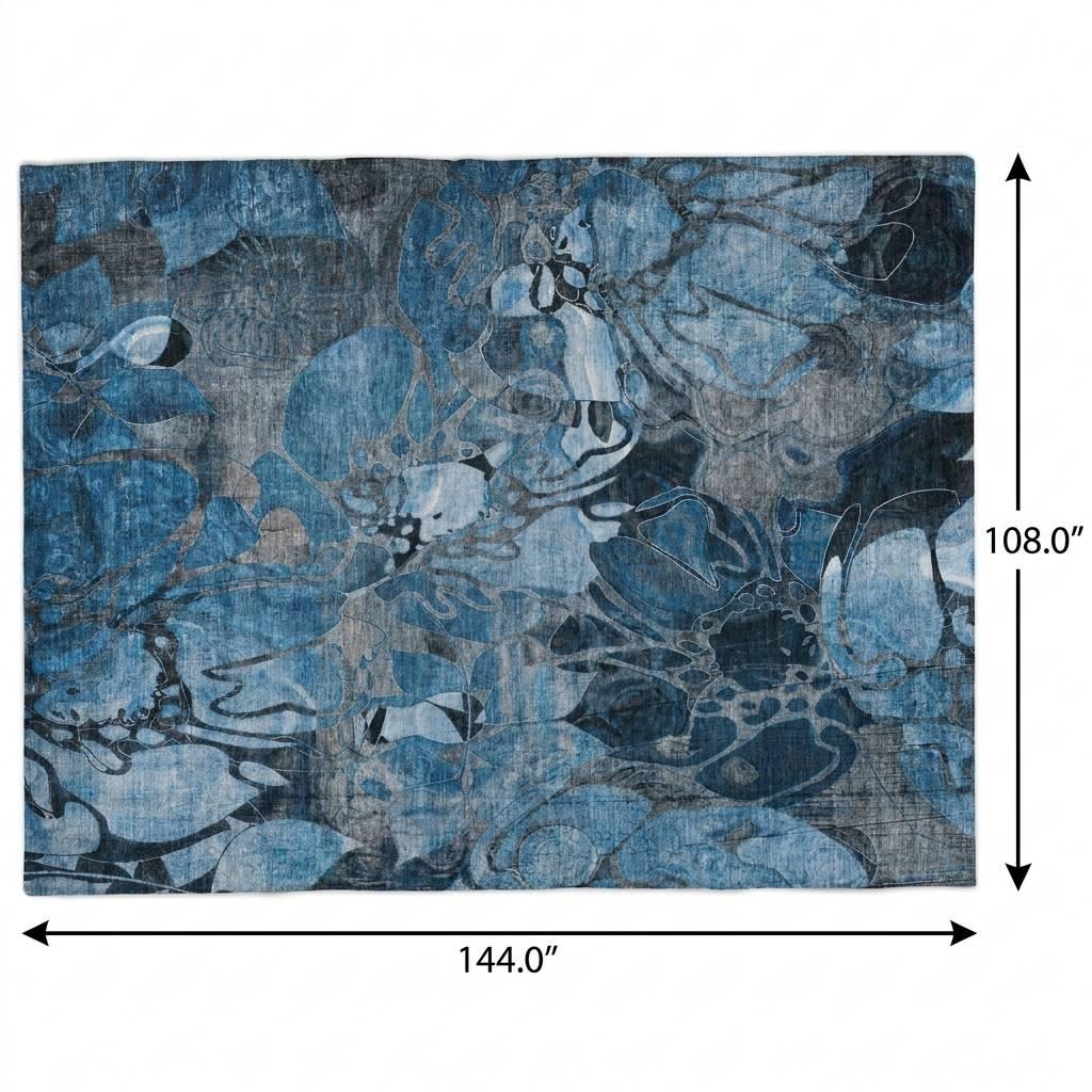9' X 12' Blue And Navy Blue Floral Shag Washable Area Rug With UV Protection - HomeRoots - Flyclothing LLC