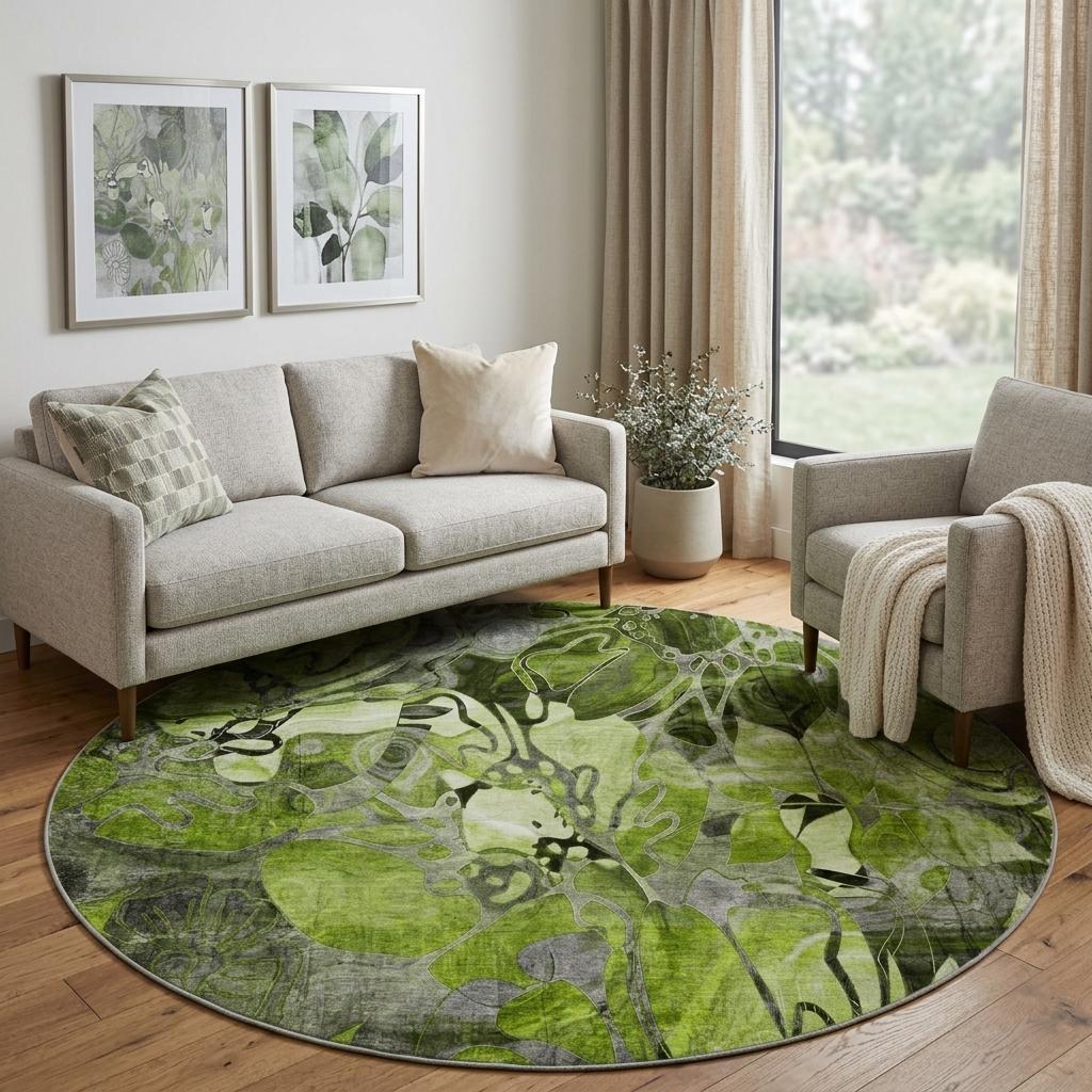 8' Fern Green And Gray Floral Shag Washable Round Rug With UV Protection - HomeRoots - Flyclothing LLC