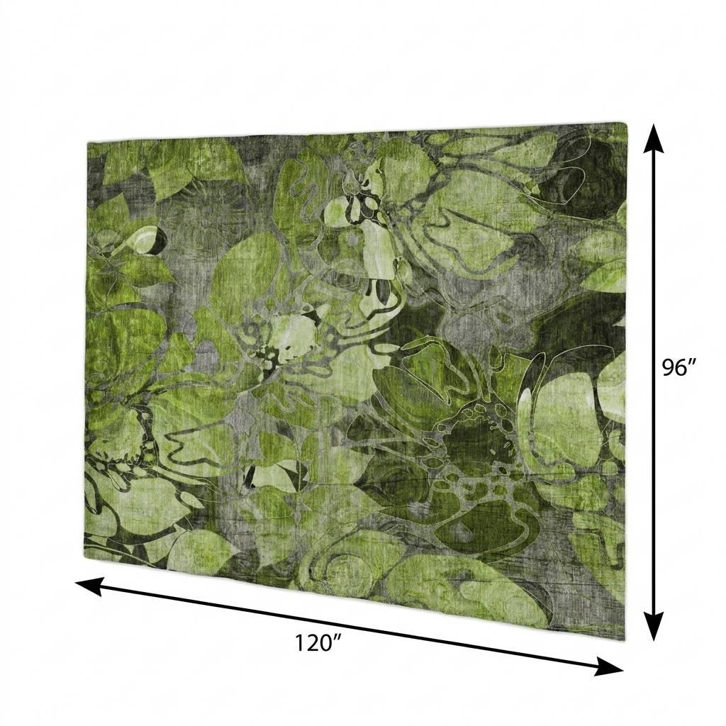 8' X 10' Fern Green And Gray Floral Shag Washable Area Rug With UV Protection - HomeRoots - Flyclothing LLC