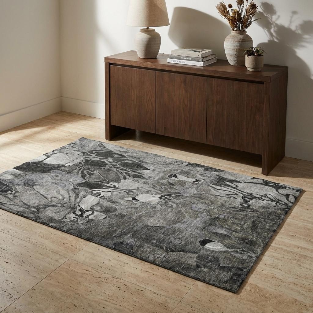 3' X 5' Gray And Charcoal Floral Shag Washable Area Rug With UV Protection - HomeRoots - Flyclothing LLC