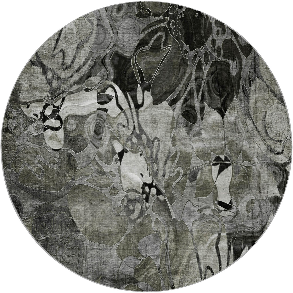 8' Gray And Charcoal Floral Shag Washable Round Rug With UV Protection - HomeRoots - Flyclothing LLC