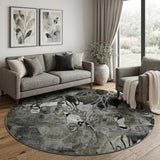 8' Gray And Charcoal Floral Shag Washable Round Rug With UV Protection - HomeRoots - Flyclothing LLC