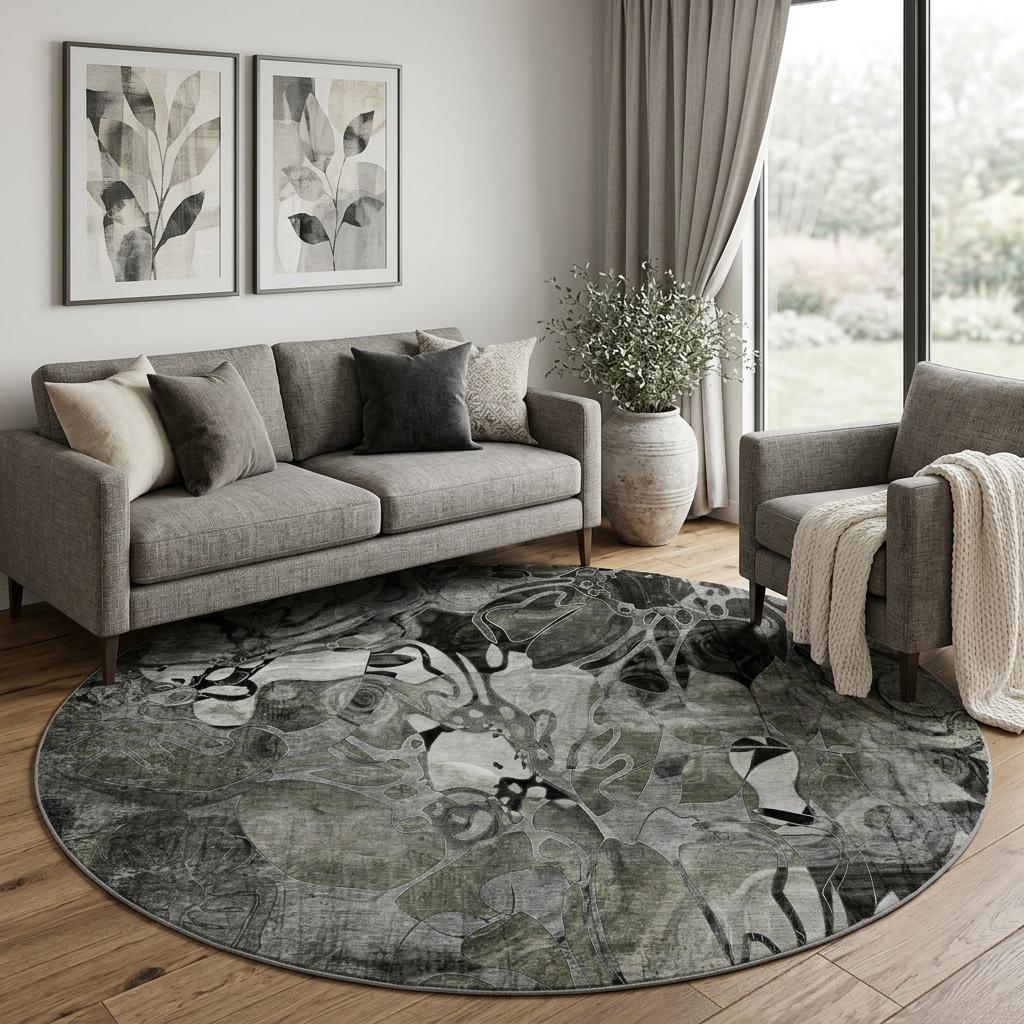 8' Gray And Charcoal Floral Shag Washable Round Rug With UV Protection - HomeRoots - Flyclothing LLC
