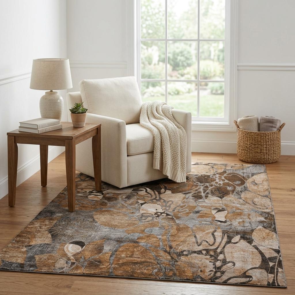 5' X 8' Orange And Gray Floral Shag Washable Area Rug With UV Protection - HomeRoots - Flyclothing LLC