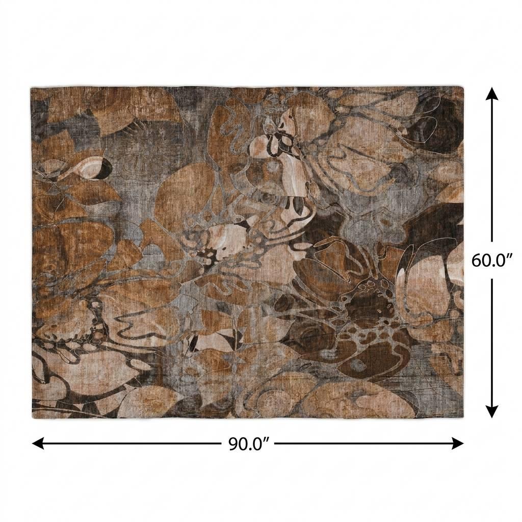 5' X 8' Orange And Gray Floral Shag Washable Area Rug With UV Protection - HomeRoots - Flyclothing LLC