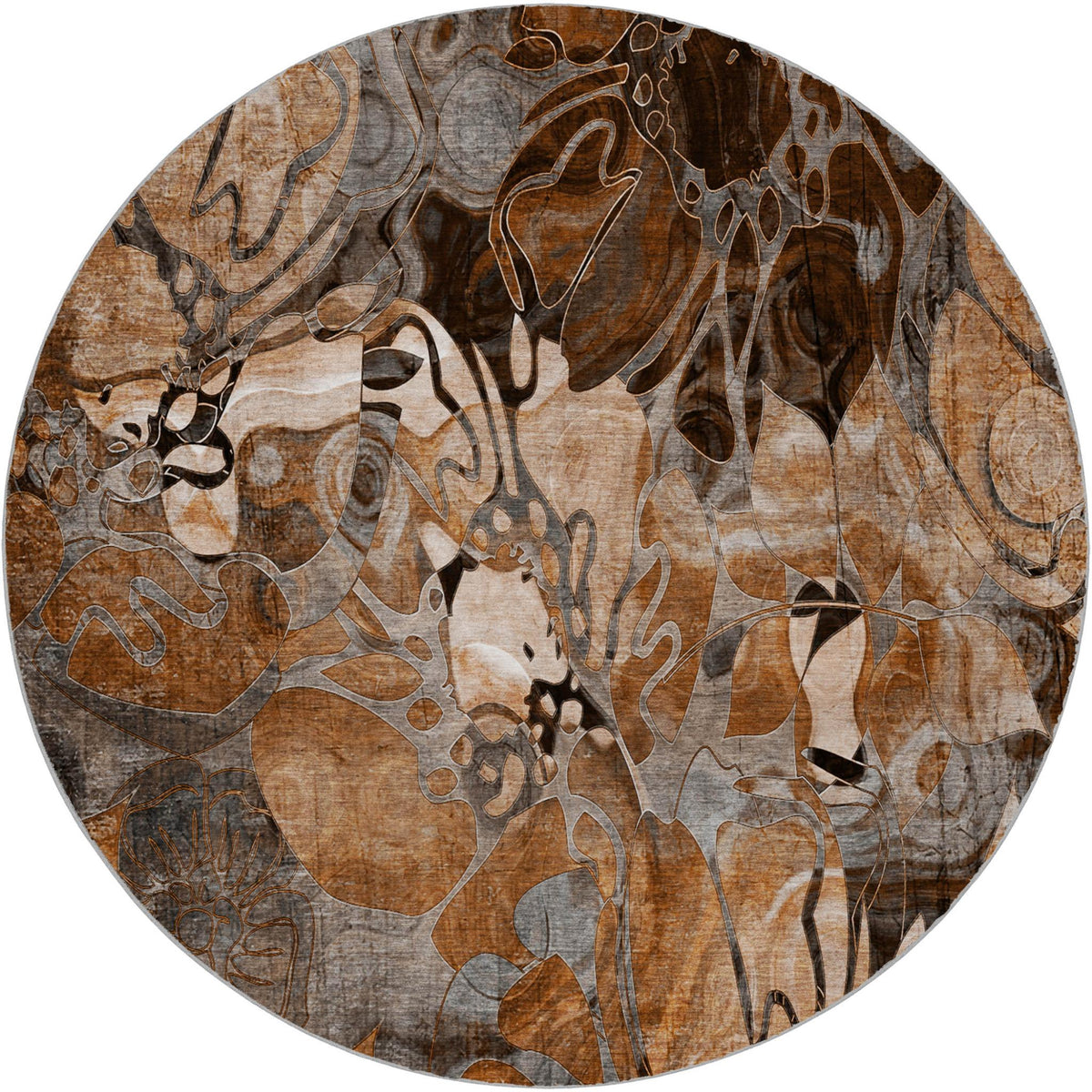 8' Orange And Gray Floral Shag Washable Round Rug With UV Protection - HomeRoots - Flyclothing LLC