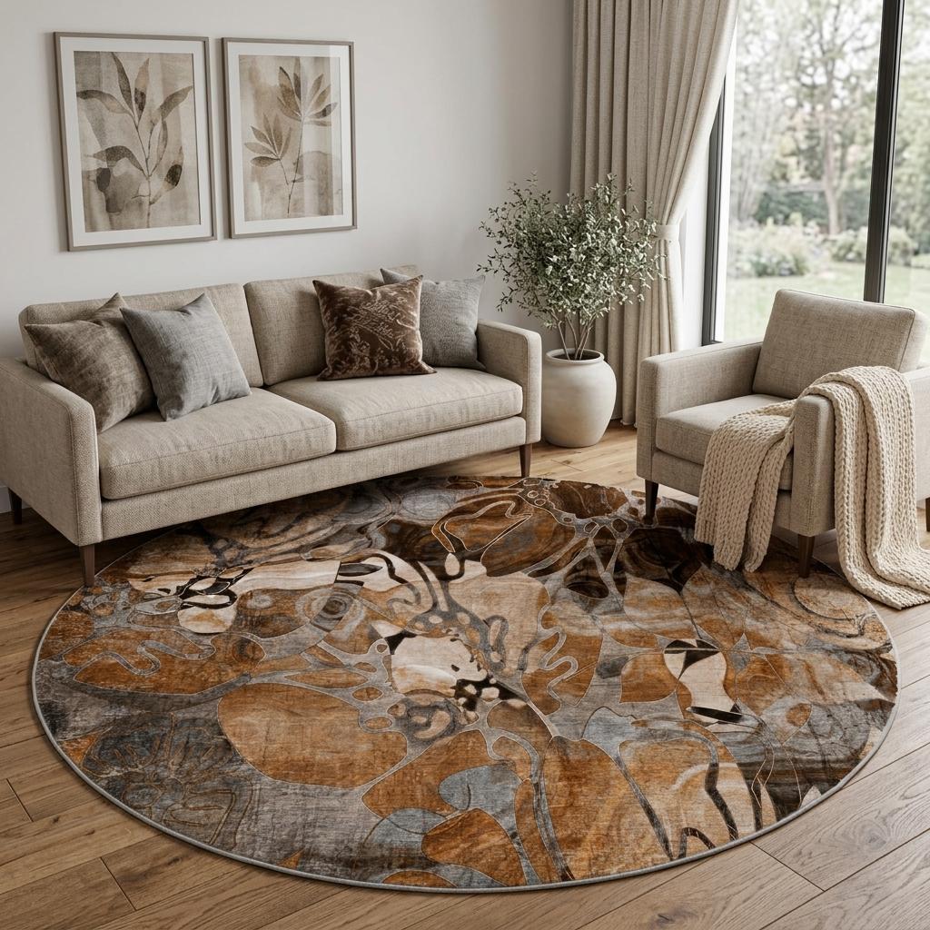 8' Orange And Gray Floral Shag Washable Round Rug With UV Protection - HomeRoots - Flyclothing LLC