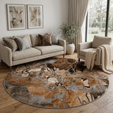 8' Orange And Gray Floral Shag Washable Round Rug With UV Protection - HomeRoots - Flyclothing LLC