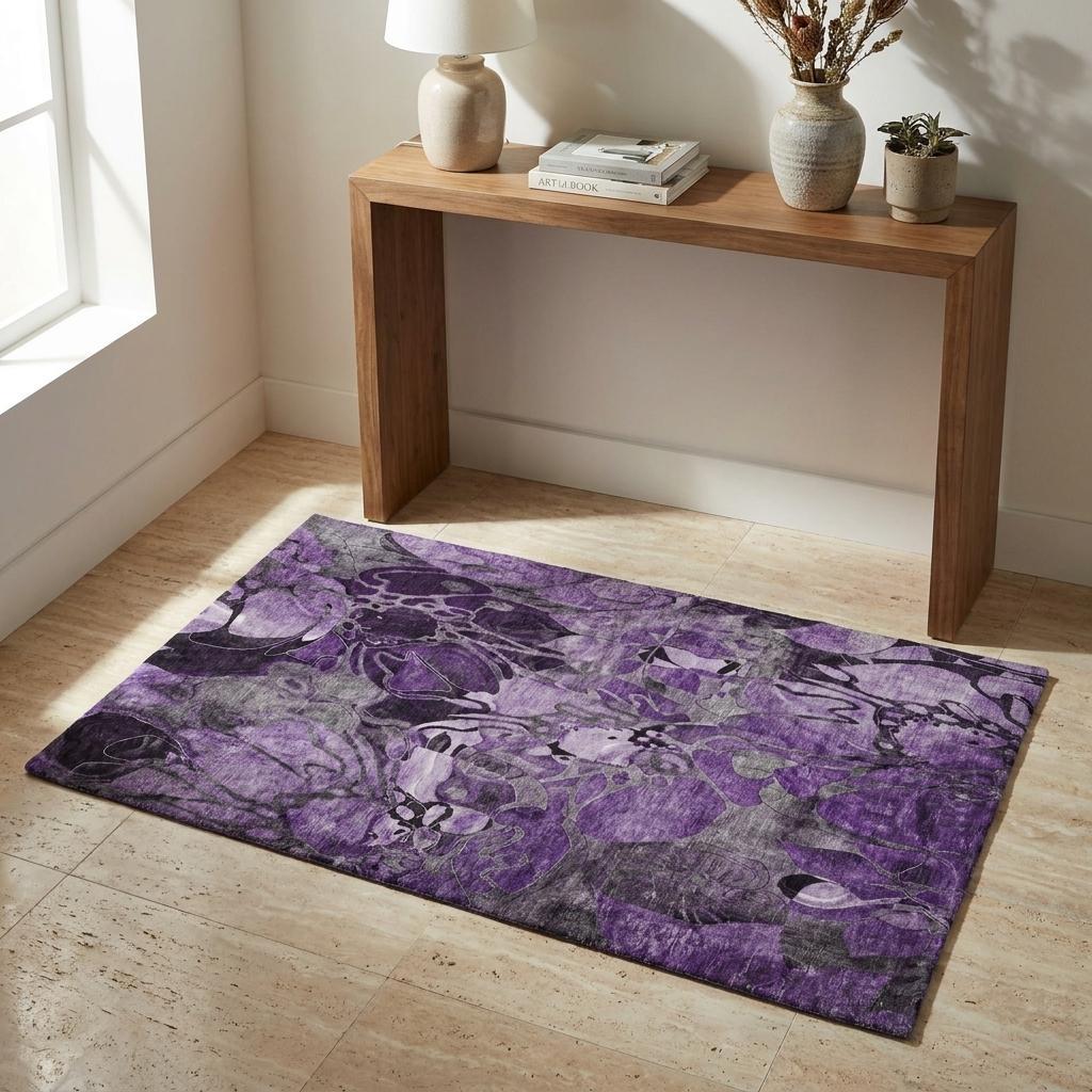 3' X 5' Purple And Gray Floral Shag Washable Area Rug With UV Protection - HomeRoots - Flyclothing LLC