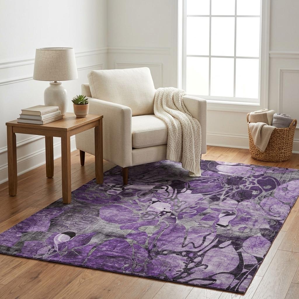 5' X 8' Purple And Gray Floral Shag Washable Area Rug With UV Protection - HomeRoots - Flyclothing LLC