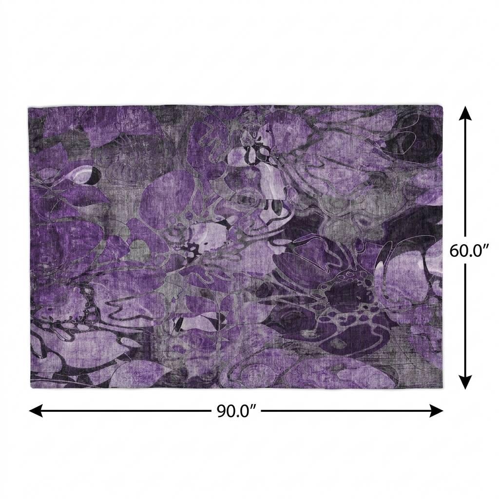 5' X 8' Purple And Gray Floral Shag Washable Area Rug With UV Protection - HomeRoots - Flyclothing LLC
