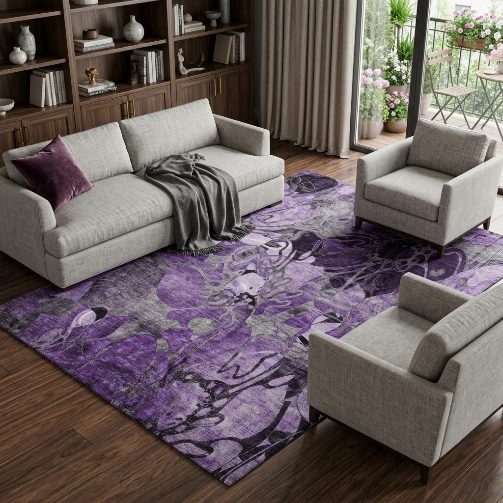 8' X 10' Purple And Gray Floral Shag Washable Area Rug With UV Protection - HomeRoots - Flyclothing LLC