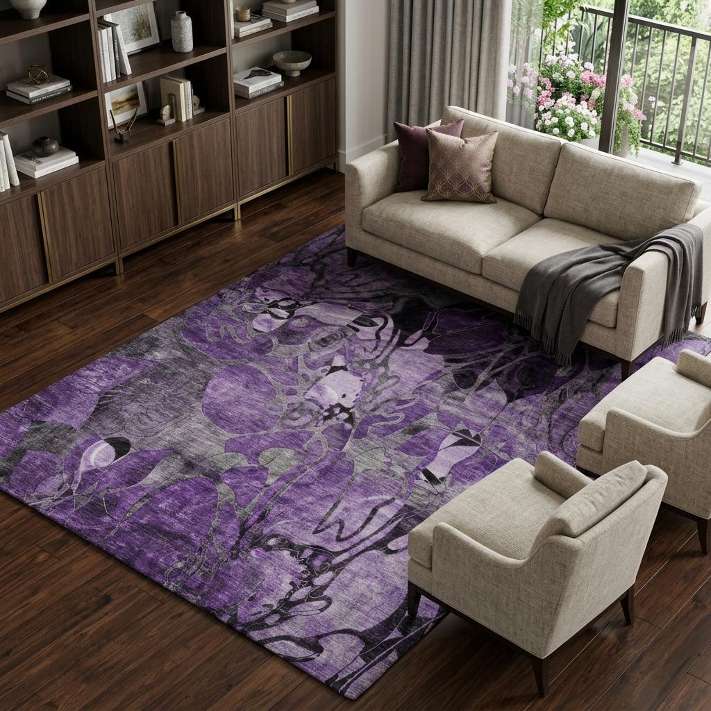 9' X 12' Purple And Gray Floral Shag Washable Area Rug With UV Protection - HomeRoots - Flyclothing LLC