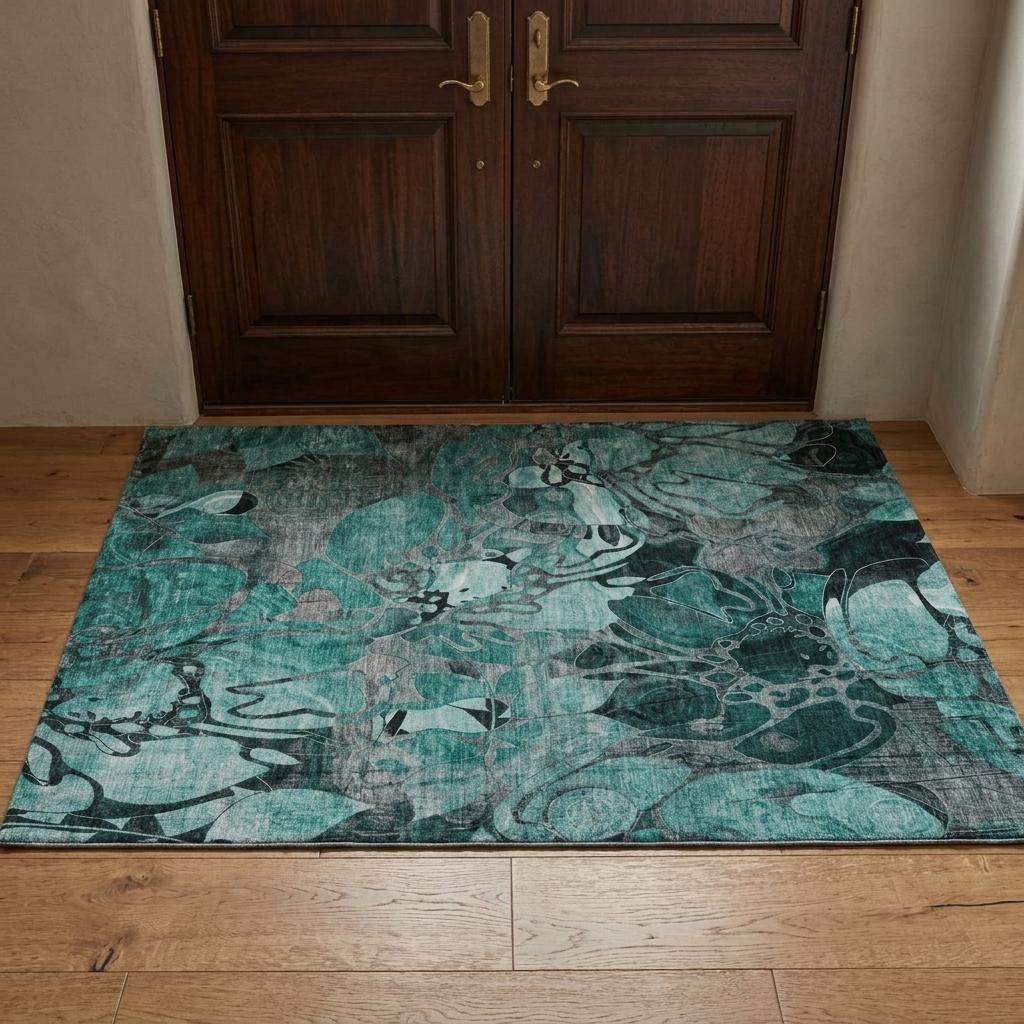 3' X 5' Teal And Gray Floral Shag Washable Area Rug With UV Protection - HomeRoots - Flyclothing LLC