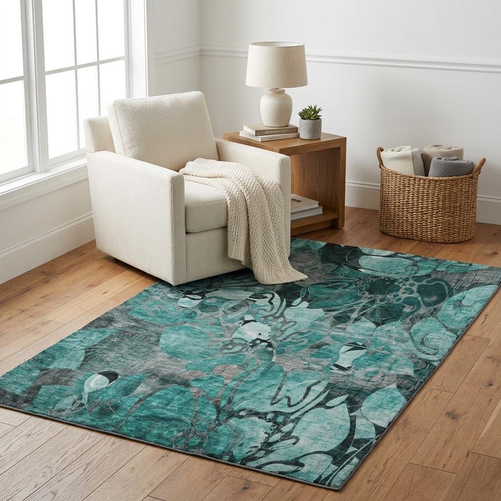 5' X 8' Teal And Gray Floral Shag Washable Area Rug With UV Protection - HomeRoots - Flyclothing LLC