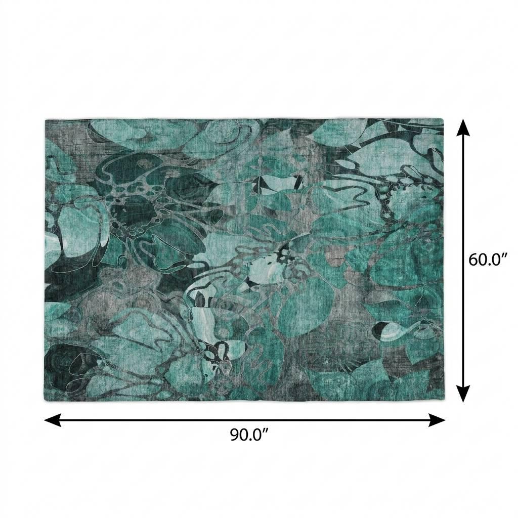 5' X 8' Teal And Gray Floral Shag Washable Area Rug With UV Protection - HomeRoots - Flyclothing LLC