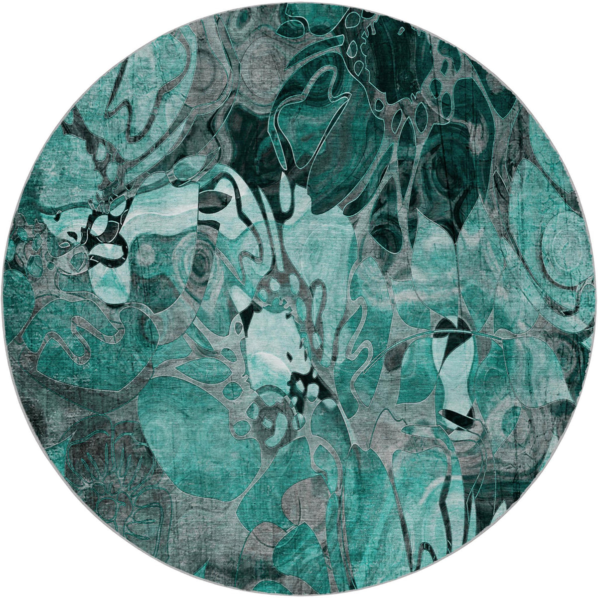 8' Teal And Gray Floral Shag Washable Round Rug With UV Protection - HomeRoots - Flyclothing LLC