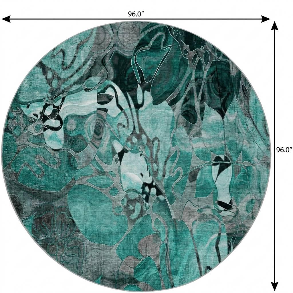8' Teal And Gray Floral Shag Washable Round Rug With UV Protection - HomeRoots - Flyclothing LLC