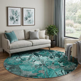 8' Teal And Gray Floral Shag Washable Round Rug With UV Protection - HomeRoots - Flyclothing LLC