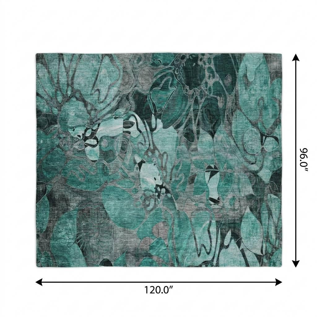 8' X 10' Teal And Gray Floral Shag Washable Area Rug With UV Protection - HomeRoots - Flyclothing LLC