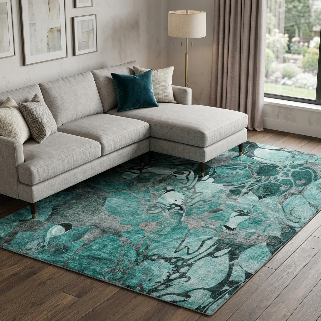 9' X 12' Teal And Gray Floral Shag Washable Area Rug With UV Protection - HomeRoots - Flyclothing LLC