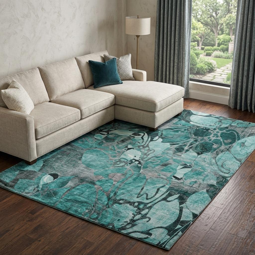 10' X 14' Teal And Gray Floral Shag Washable Area Rug With UV Protection - HomeRoots - Flyclothing LLC