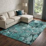 10' X 14' Teal And Gray Floral Shag Washable Area Rug With UV Protection - HomeRoots - Flyclothing LLC