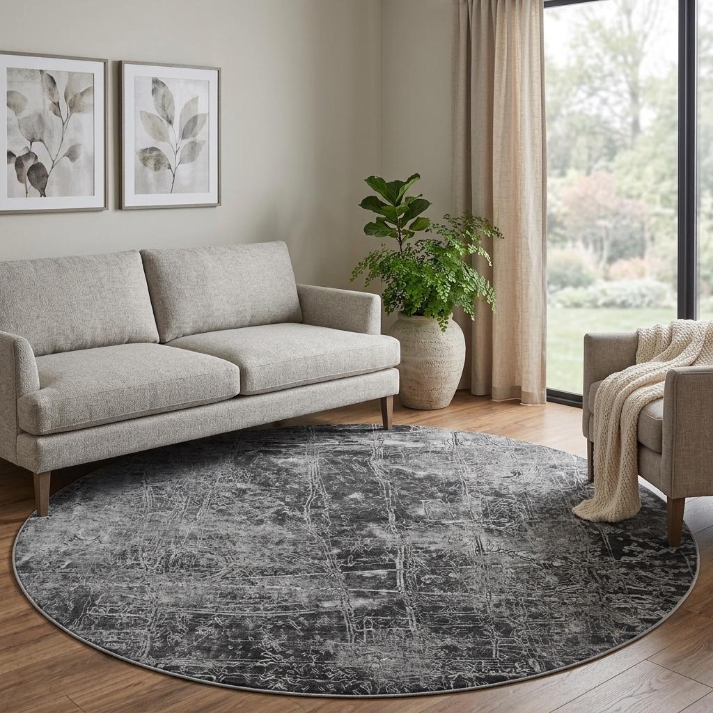 8' Gray And Charcoal Abstract Shag Washable Round Rug With UV Protection - HomeRoots - Flyclothing LLC