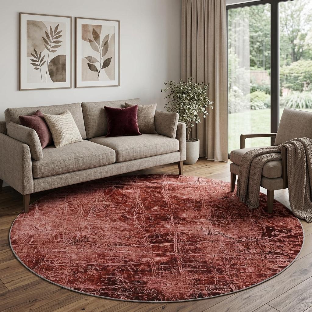 8' Merlot And Charcoal Abstract Shag Washable Round Rug With UV Protection - HomeRoots - Flyclothing LLC