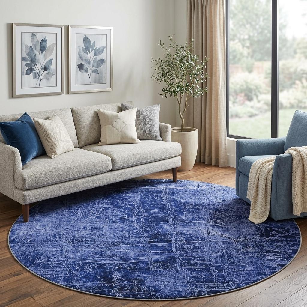 8' Navy Blue And Ivory Abstract Shag Washable Round Rug With UV Protection - HomeRoots - Flyclothing LLC