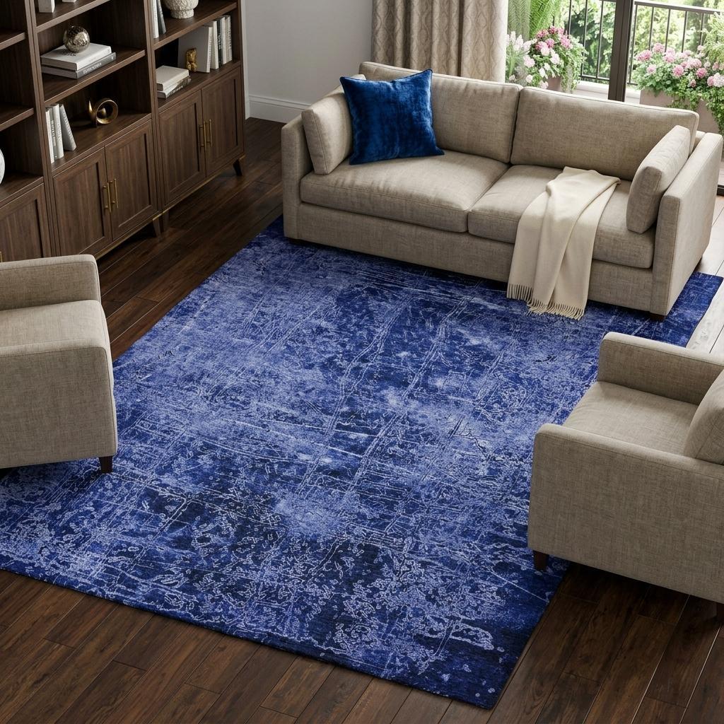 8' X 10' Navy Blue And Ivory Abstract Shag Washable Area Rug With UV Protection - HomeRoots - Flyclothing LLC