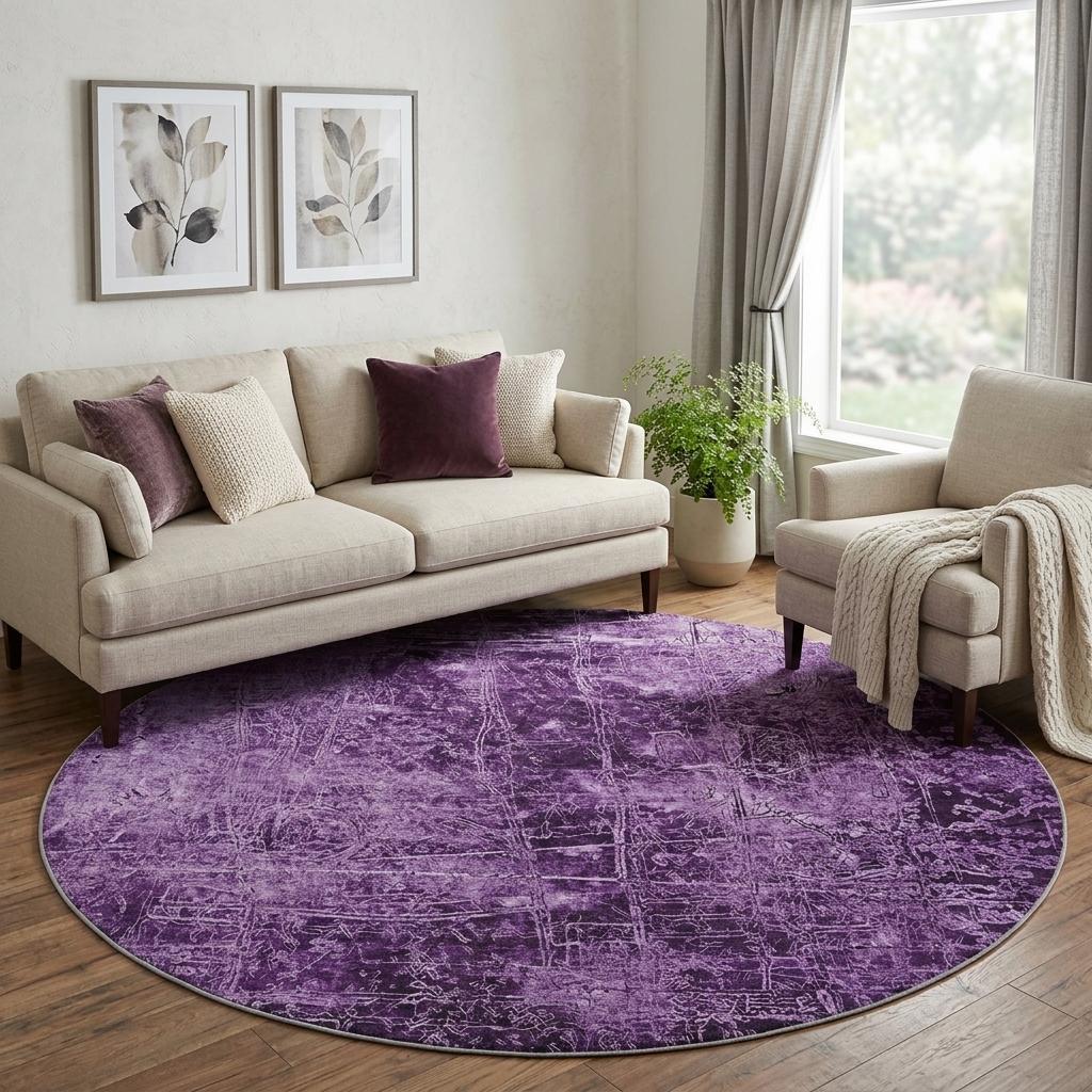 8' Purple And Charcoal Abstract Shag Washable Round Rug With UV Protection - HomeRoots - Flyclothing LLC