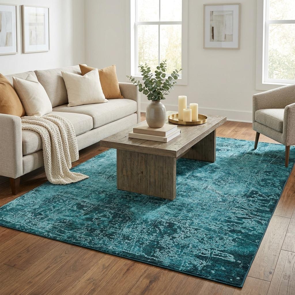 5' X 8' Teal And Ivory Abstract Shag Washable Area Rug With UV Protection - HomeRoots - Flyclothing LLC