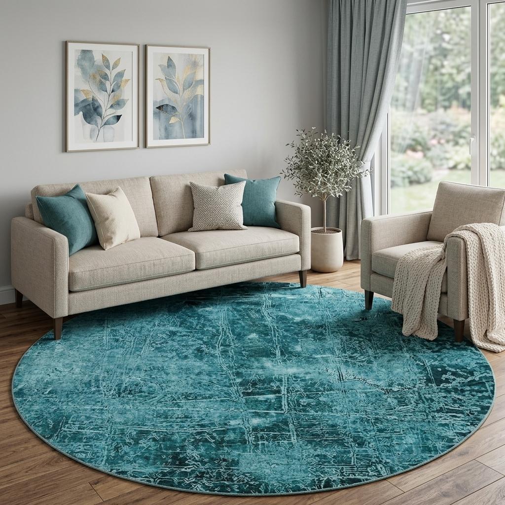 8' Teal And Ivory Abstract Shag Washable Round Rug With UV Protection - HomeRoots - Flyclothing LLC