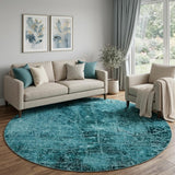 8' Teal And Ivory Abstract Shag Washable Round Rug With UV Protection - HomeRoots - Flyclothing LLC