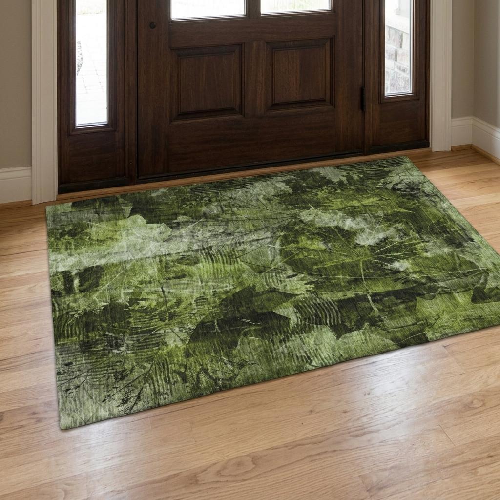 3' X 5' Green And Charcoal Floral Shag Washable Area Rug With UV Protection - HomeRoots - Flyclothing LLC