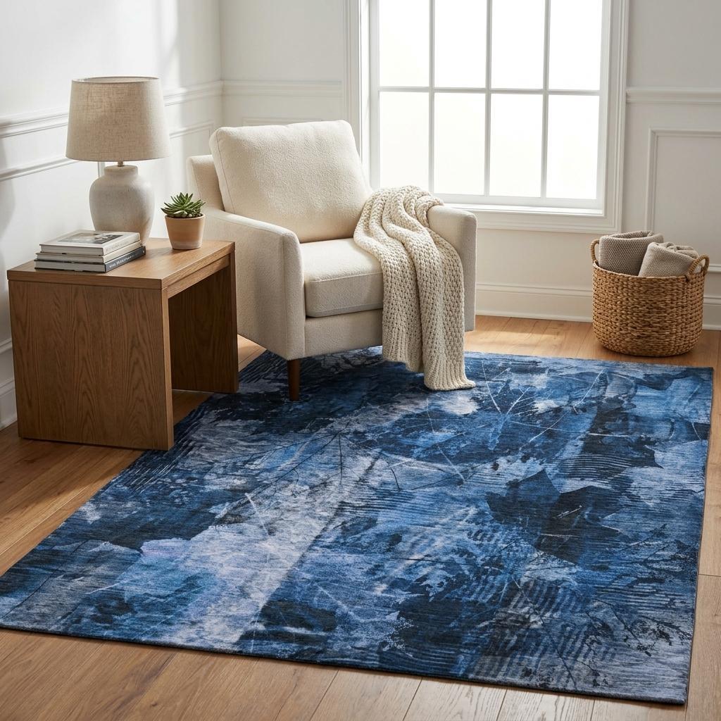5' X 8' Navy Blue And Ivory Floral Shag Washable Area Rug With UV Protection - HomeRoots - Flyclothing LLC