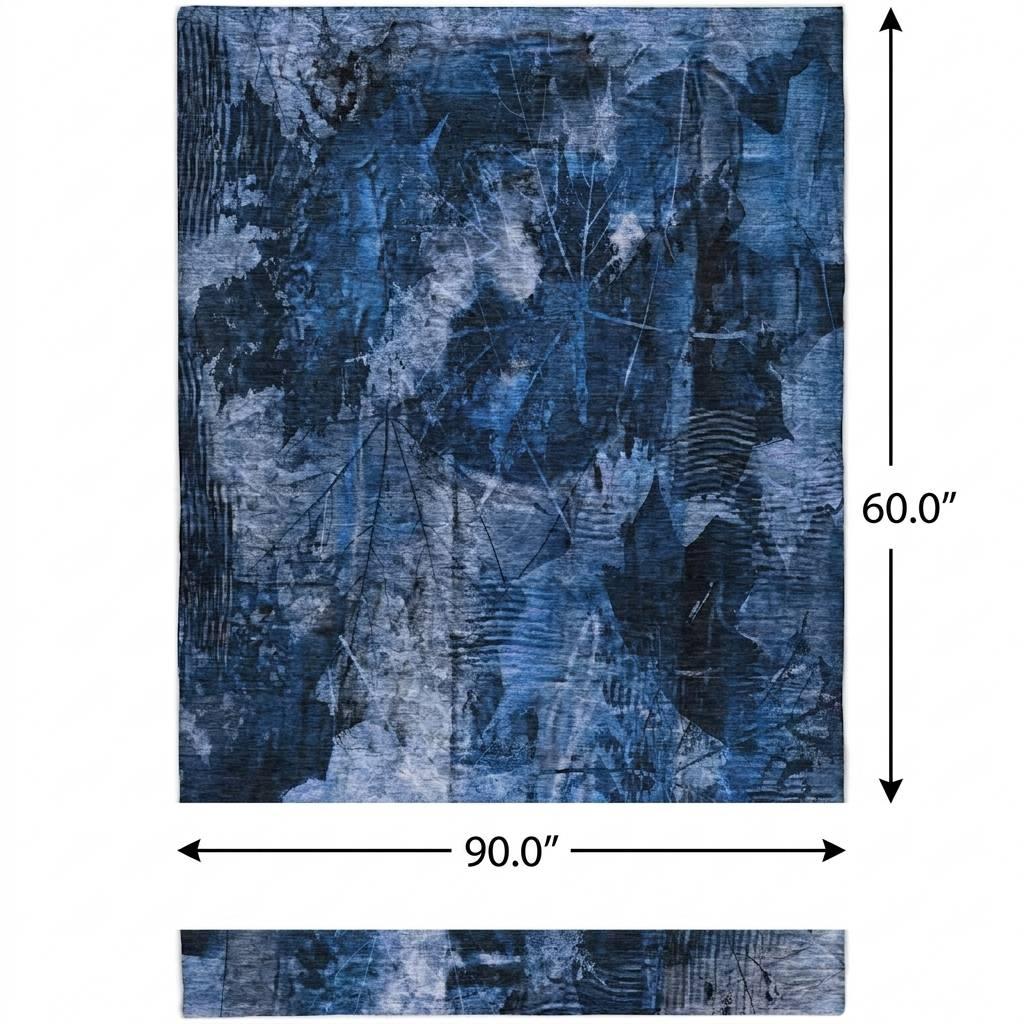 5' X 8' Navy Blue And Ivory Floral Shag Washable Area Rug With UV Protection - HomeRoots - Flyclothing LLC