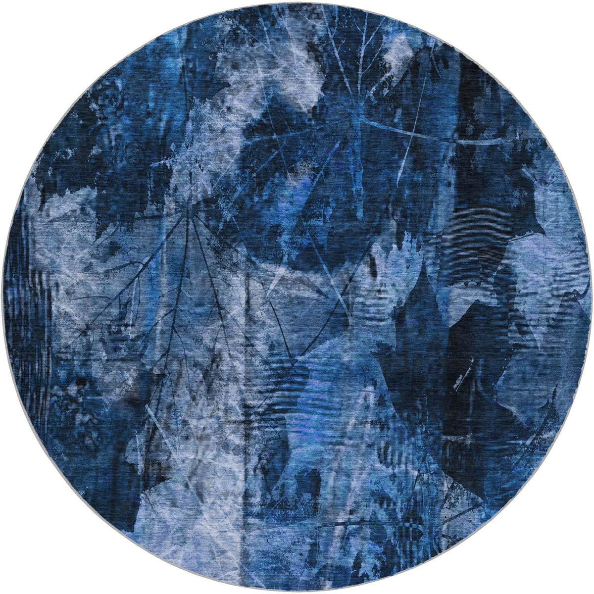 8' Navy Blue And Ivory Floral Shag Washable Round Rug With UV Protection - HomeRoots - Flyclothing LLC