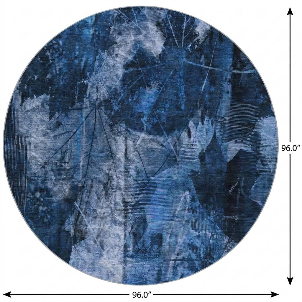 8' Navy Blue And Ivory Floral Shag Washable Round Rug With UV Protection - HomeRoots - Flyclothing LLC