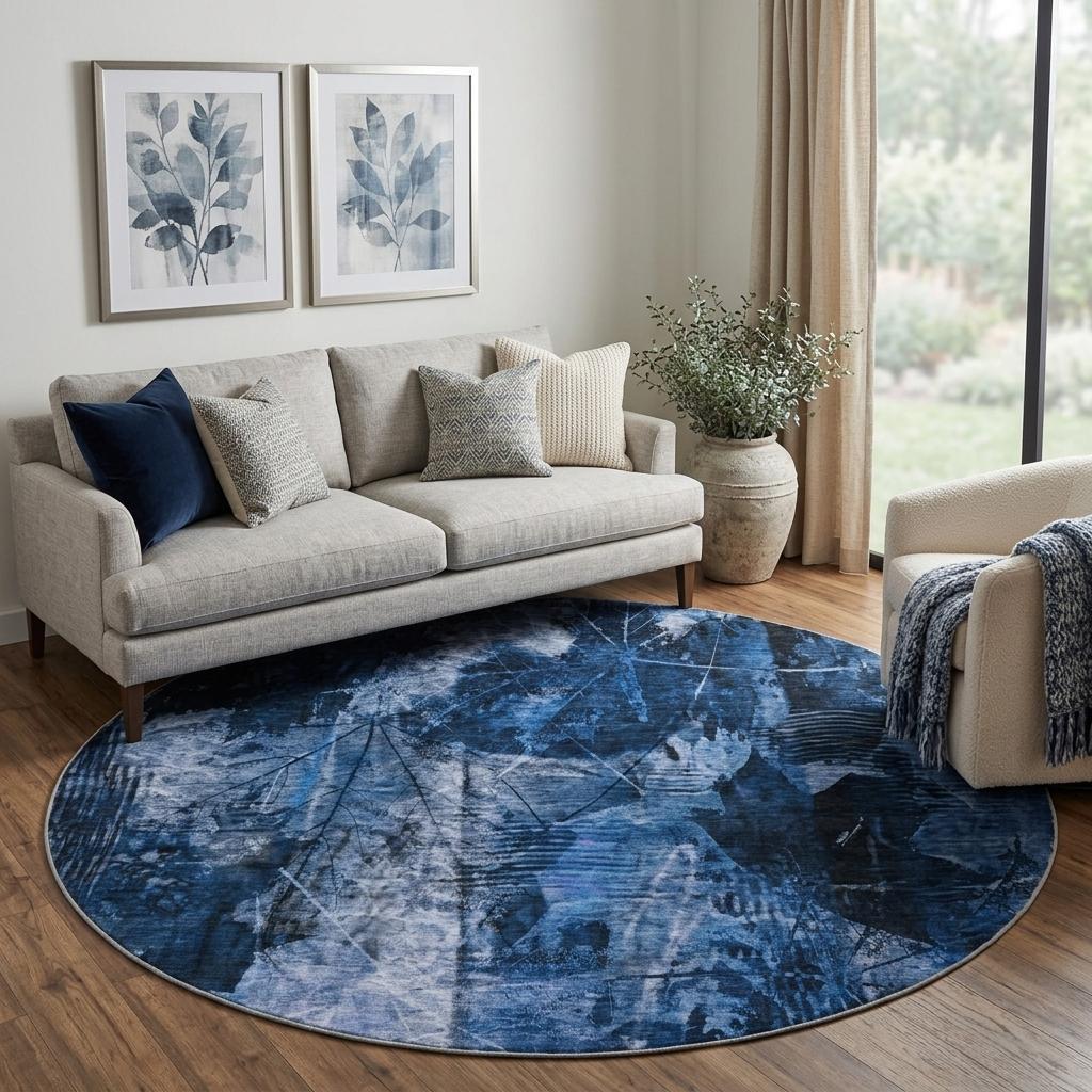 8' Navy Blue And Ivory Floral Shag Washable Round Rug With UV Protection - HomeRoots - Flyclothing LLC