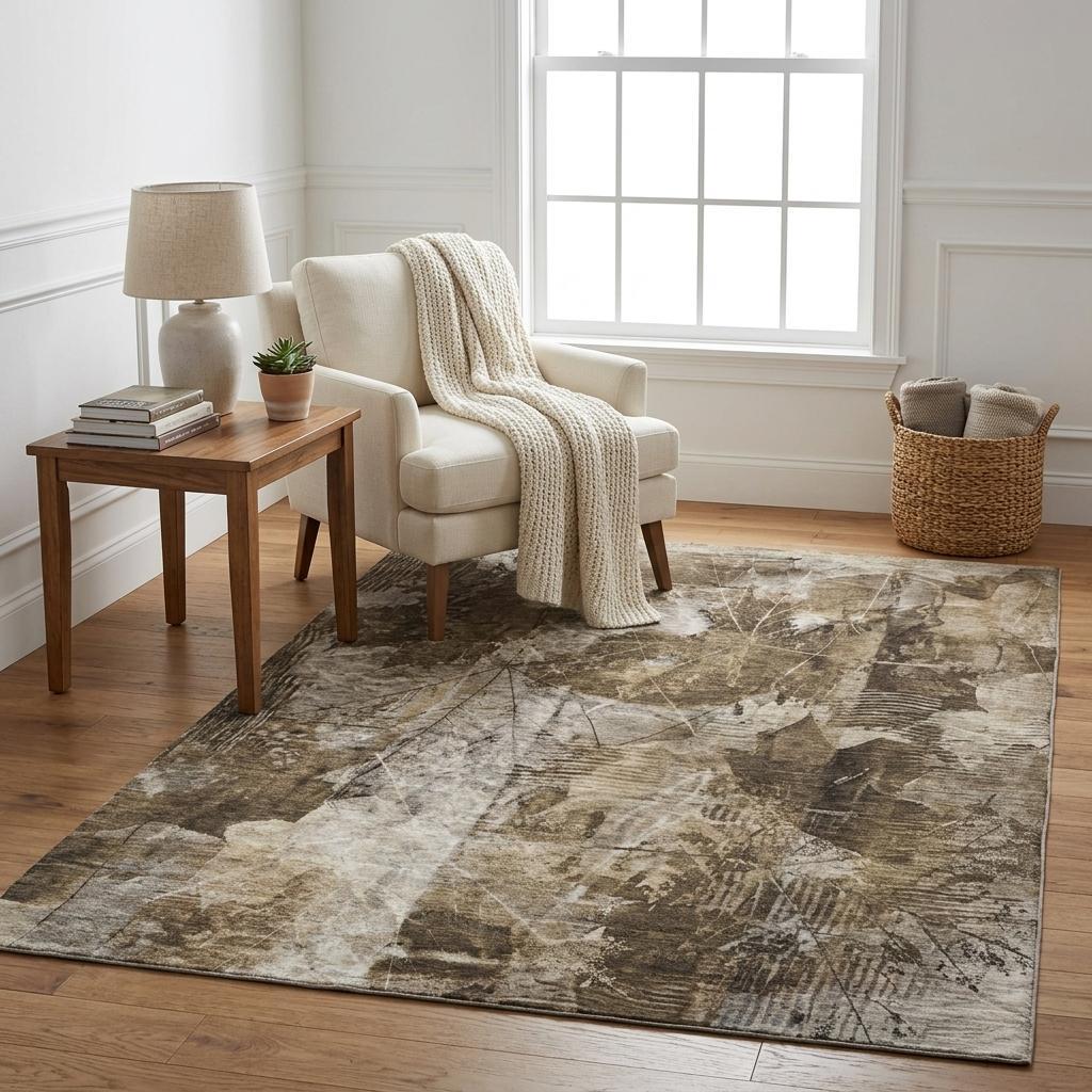 5' X 8' Taupe And Beige Floral Shag Washable Area Rug With UV Protection - HomeRoots - Flyclothing LLC