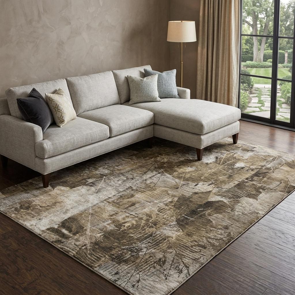 9' X 12' Taupe And Beige Floral Shag Washable Area Rug With UV Protection - HomeRoots - Flyclothing LLC