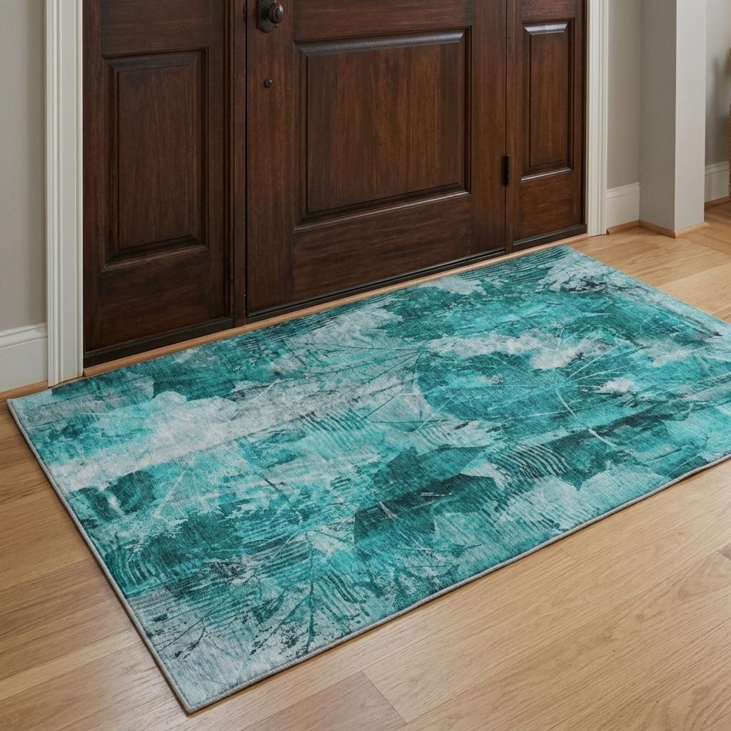 3' X 5' Teal And Ivory Floral Shag Washable Area Rug With UV Protection - HomeRoots - Flyclothing LLC