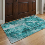 3' X 5' Teal And Ivory Floral Shag Washable Area Rug With UV Protection - HomeRoots - Flyclothing LLC