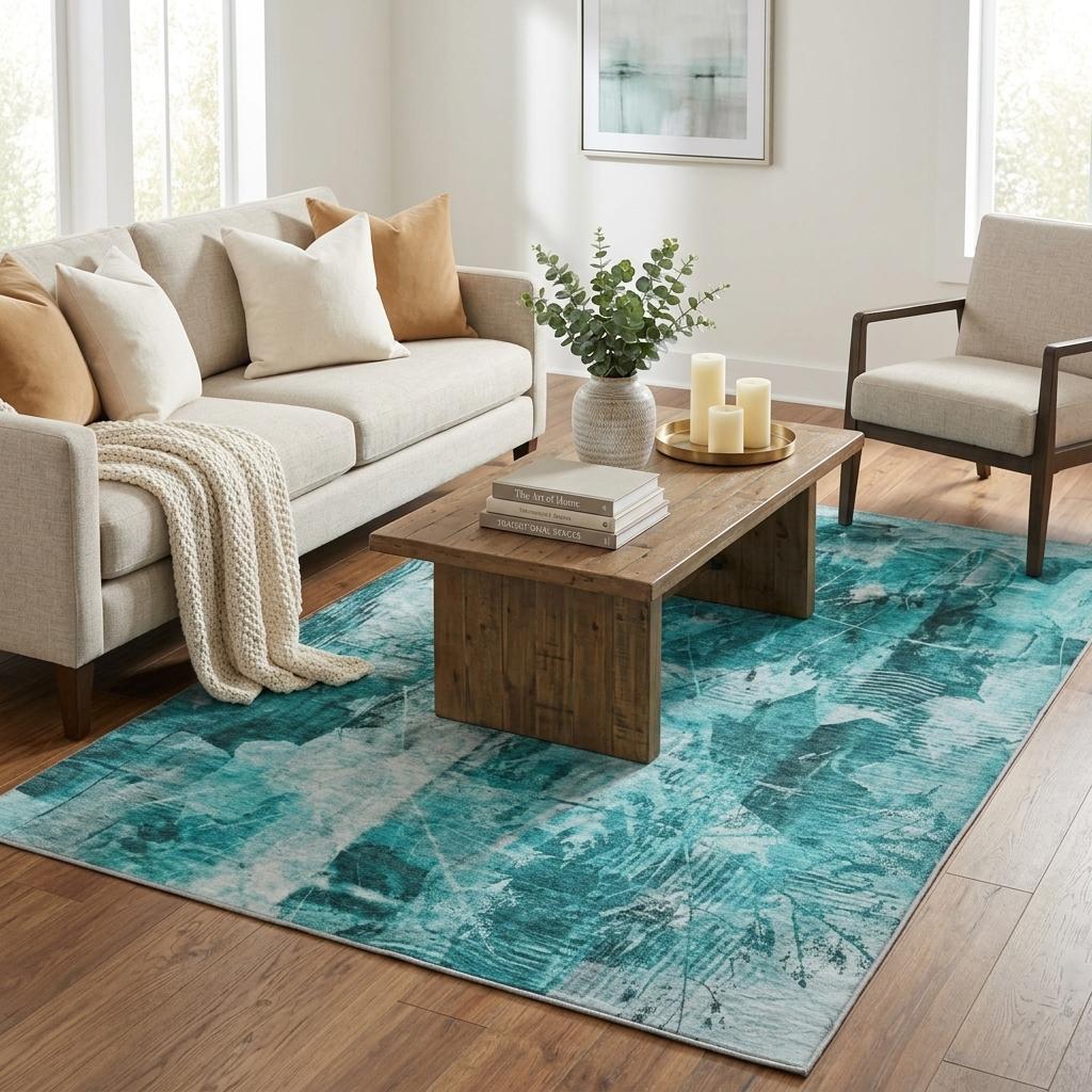 5' X 8' Teal And Ivory Floral Shag Washable Area Rug With UV Protection - HomeRoots - Flyclothing LLC