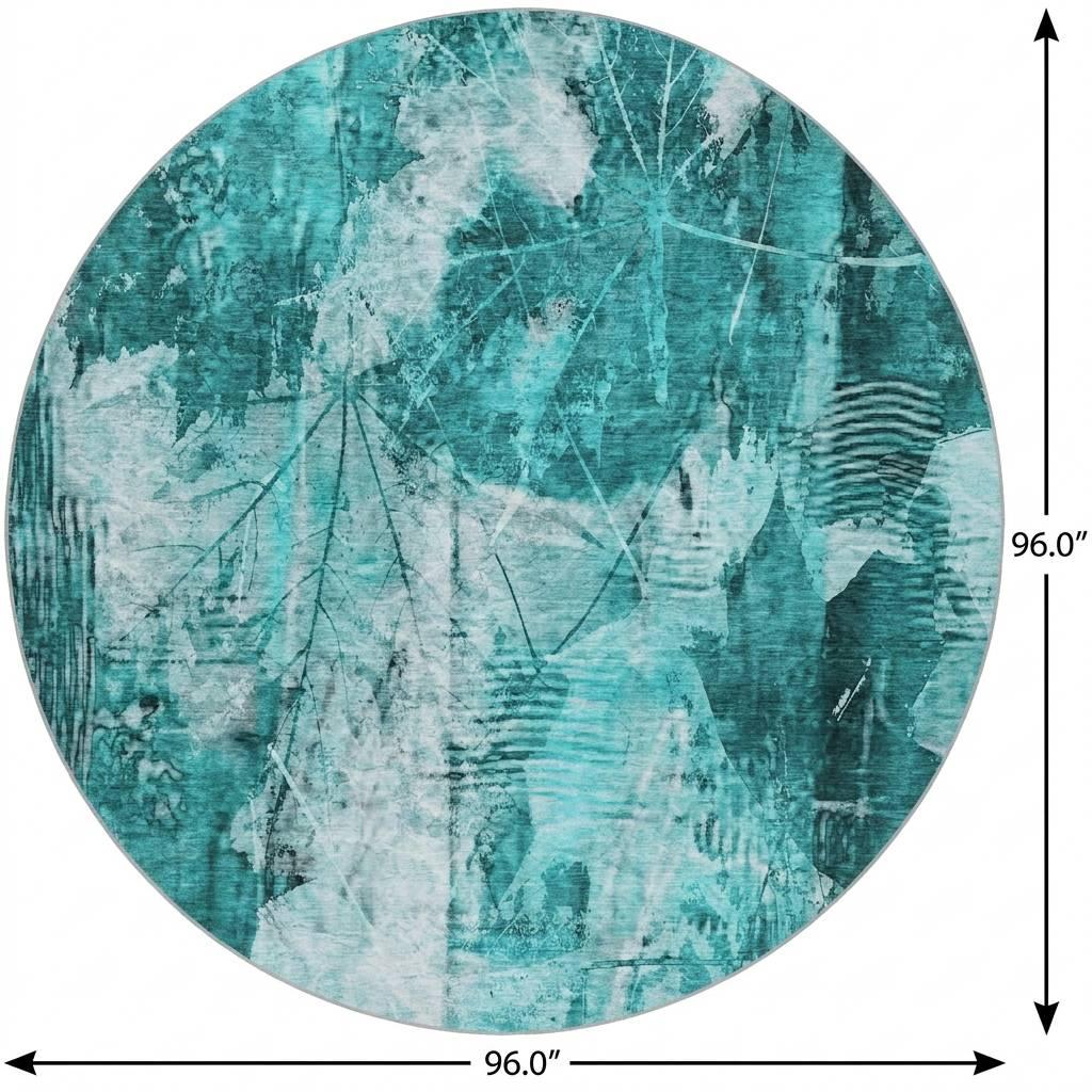 8' Teal And Ivory Floral Shag Washable Round Rug With UV Protection - HomeRoots - Flyclothing LLC